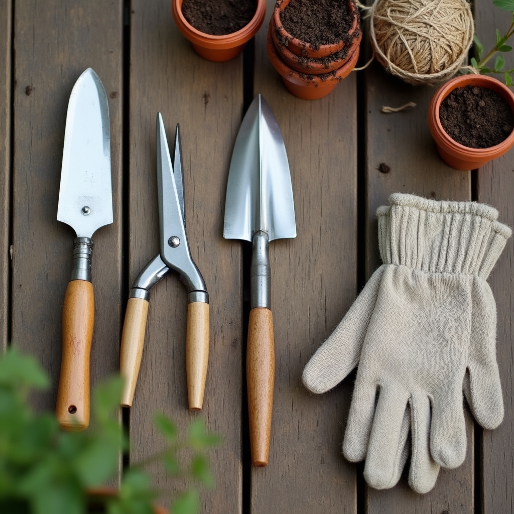 Herramientas básicas de jardinería urbana sobre una mesa de exterior